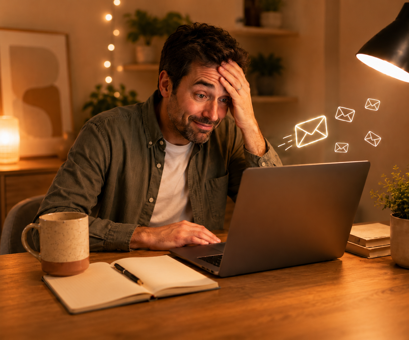Man looking worried after sending emails by mistake