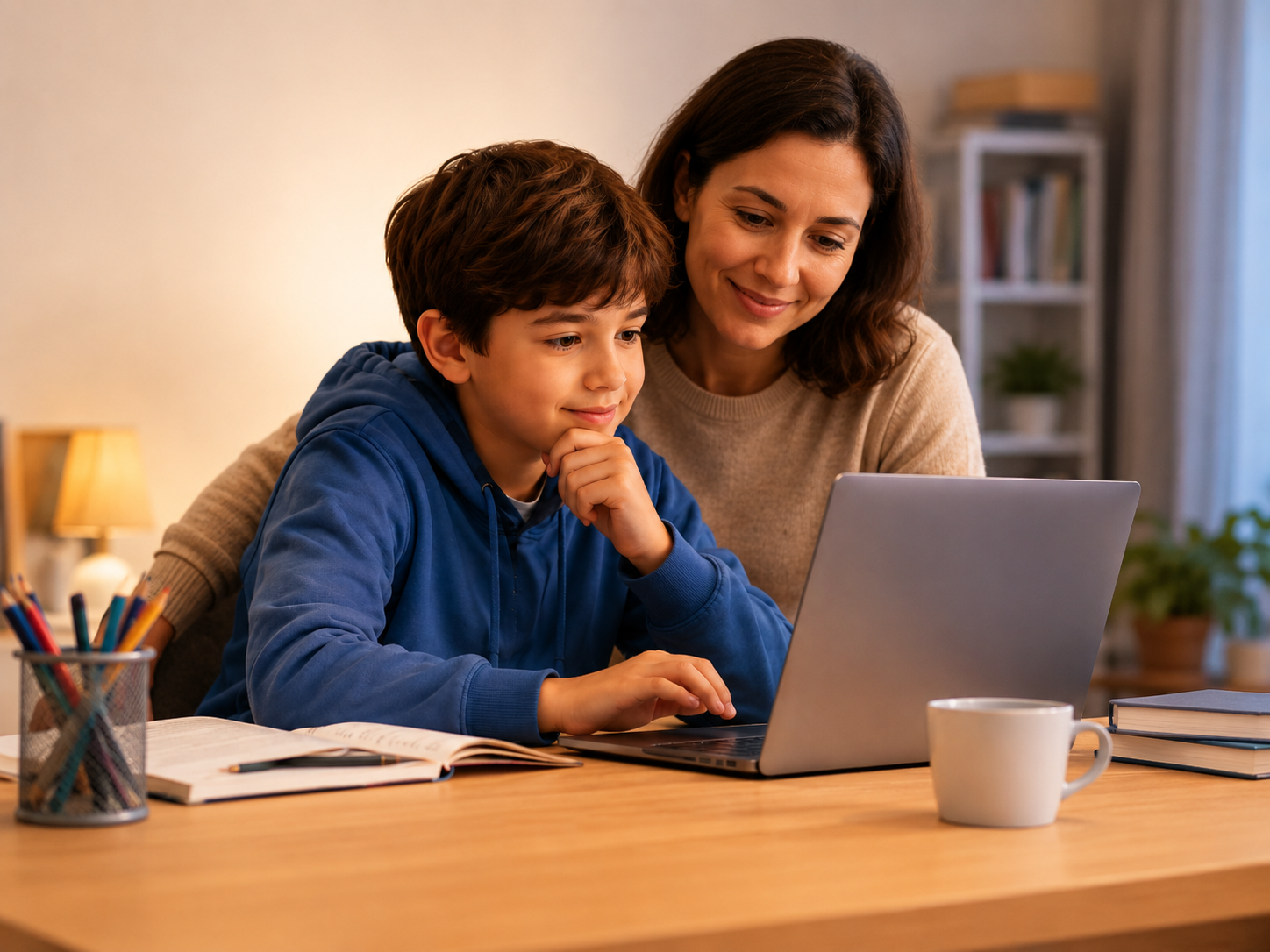 Parent supporting child using a laptop for learning