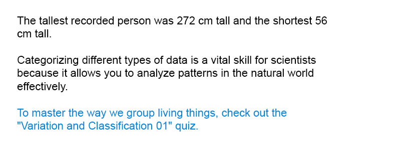 The tallest recorded person was 272 cm tall and the shortest 56 cm tall.